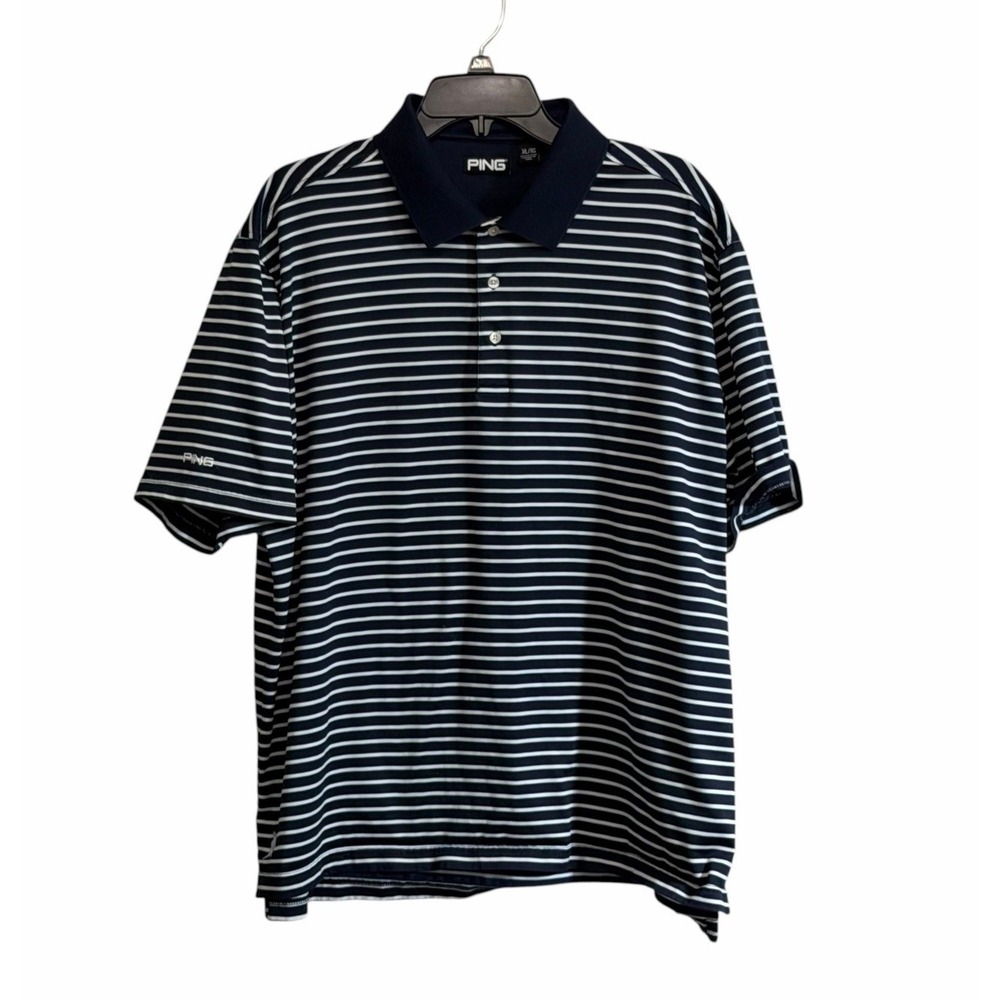 PING Performance Navy & White Striped Golf Polo Shirt Size XL Embroidered
